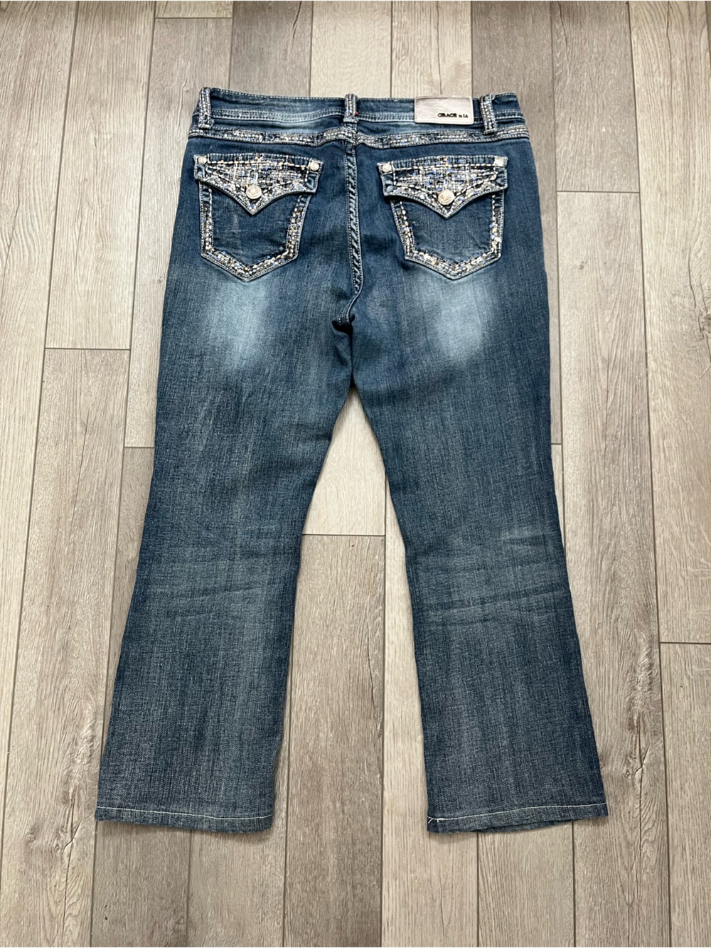 Grace in LA Dark Blue Embellished Bootcut Jeans Size 32